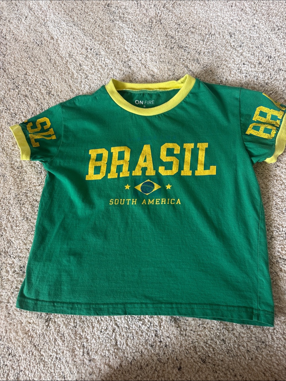 On Fire Green Tee with Yellow Brasil Graphic